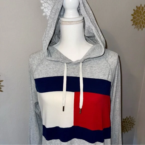 Tommy Hilfiger Sport Gray Red Blue L/S T-Shirt Hoodie 90’s Y2K‎ Ladie’s Small - Picture 2 of 11